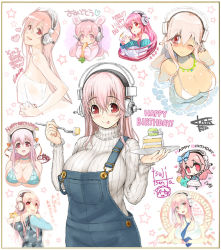 Rule 34 | 1girl, bikini, blush, breasts, cake, cleavage, food, headphones, large breasts, long hair, looking at viewer, minoa (lastswallow), navel, nitroplus, one eye closed, open mouth, overalls, pink hair, red eyes, ribbed sweater, smile, solo, super sonico, sweater, swimsuit, thighhighs, tsuji santa