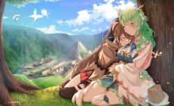 Rule 34 | absurdres, against tree, blue hair, breasts, brown hair, bug, butterfly, ceres fauna, cloak, closed eyes, earrings, flower, flying, friend (nanashi mumei), green hair, green nails, hair flower, hair ornament, highres, hololive, hololive english, hug, insect, jewelry, large breasts, long hair, mountain, nail polish, nanashi mumei, ouro kronii, purple (jobseeking), signature, single thighhigh, skirt, smile, thighhighs, tree, virtual youtuber