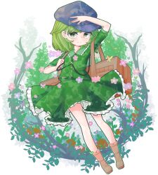 Rule 34 | 1girl, black hat, box, brown footwear, closed mouth, commentary, flat cap, frilled skirt, frills, full body, green eyes, green hair, green shirt, green skirt, hand on headwear, hat, highres, key, looking at viewer, pink hat, plant, shirt, short hair, short sleeves, skirt, smile, solo, touhou, wrevhy, yamashiro takane