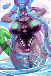 Rule 34 | 1girl, \m/, aqua nails, blue hair, blush, breasts, cleavage, cleavage cutout, clothing cutout, colored eyelashes, curvy, dark-skinned female, dark skin, fate/grand order, fate (series), gaikiken, gigantic breasts, grin, horns, ibuki douji (swimsuit berserker) (first ascension) (fate), innertube, long hair, long pointy ears, multicolored hair, oni, pink hair, pointy ears, red eyes, signature, smile, solo, streaked hair, swim ring, tail, thick arms, thick thighs, thighs, very long hair, wading, water, wide hips, wristband