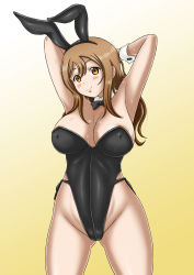 Rule 34 | 1girl, animal ears, artist name, artist request, bare legs, bare shoulders, black bow, black leotard, blush, bow, bowtie, breasts, brown eyes, brown hair, cleavage, collarbone, fake animal ears, female focus, hair between eyes, hair over shoulder, highres, kunikida hanamaru, leotard, light brown hair, long hair, looking at viewer, love live!, love live! sunshine!!, medium breasts, outstretched arms, parted lips, playboy bunny, rabbit ears, smile, solo, white wrist cuffs, wing collar, wrist cuffs, yellow eyes