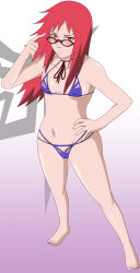 Rule 34 | 1girl, barefoot, bikini, blush, embarrassed, feet, female focus, full body, glasses, highres, karin (naruto), looking at viewer, naruto (series), naruto shippuuden, red eyes, red hair, solo, standing, stiky finkaz, swimsuit
