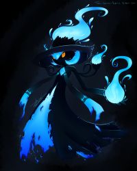 Rule 34 | black sclera, blue hair, chandelure, colored sclera, creatures (company), fire, fusion, game freak, gardevoir, gen 3 pokemon, gen 4 pokemon, gen 5 pokemon, ghost, glowing, glowing eyes, gradient background, hat, highres, mismagius, nintendo, no humans, pokemon, pokemon (creature), short hair, signature, solo, the-game-spirit, witch, witch hat, yellow eyes