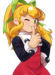 Rule 34 | 1girl, ;), blonde hair, blush, capcom, dress, finger to mouth, flat chest, from side, green eyes, hair ribbon, hand on own hip, high ponytail, index finger raised, light smile, long hair, long sleeves, looking at viewer, mega man (classic), mega man (series), one eye closed, ponytail, ribbon, roll (mega man), sagamimok, sidelocks, simple background, smile, solo, turtleneck, upper body, white background, wink