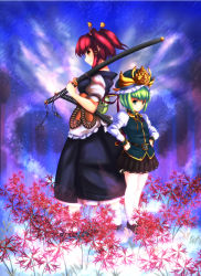 Rule 34 | 2girls, apron, belt, bobby socks, dress, female focus, flower, geta, green eyes, green hair, grin, hands on own hips, hat, hat ribbon, height difference, highres, juliet sleeves, katana, kodachi, long sleeves, looking at viewer, multiple girls, night, night sky, onozuka komachi, opilio, puffy short sleeves, puffy sleeves, red hair, ribbon, scabbard, sheath, shiki eiki, short hair, short sleeves, short sword, sidelocks, skirt, sky, smile, socks, spider lily, sword, tabi, touhou, twintails, two side up, vest, waist apron, weapon, yellow eyes