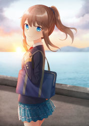 Rule 34 | 1girl, absurdres, backlighting, bad id, bad pixiv id, bag, black jacket, blazer, blue eyes, blue skirt, brown hair, brown sweater, buttons, closed mouth, cloud, cloudy sky, collared shirt, commentary request, cowboy shot, duffel bag, from side, highres, horizon, jacket, long hair, long sleeves, looking at viewer, looking back, miniskirt, moe2019, mountain, necktie, ocean, original, outdoors, pier, pleated skirt, ponytail, red necktie, saki usagi, school bag, school uniform, shirt, sidelocks, skirt, sky, sleeves past wrists, smile, solo, standing, sun, sunlight, sunset, sweater, water, white shirt, wing collar