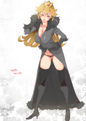 Rule 34 | 1girl, 2017, black thighhighs, blonde hair, breasts, cleavage, crown, dated, full body, gradient background, grey background, grey thighhighs, half-closed eyes, hand on own hip, head tilt, large breasts, layered clothes, long hair, mario (series), nintendo, princess peach, skindentation, solo, stomach, super mario bros. 1, thighhighs, thighs, very long hair, white background