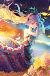Rule 34 | 1girl, arms up, bare shoulders, blonde hair, cinia pacifica, dress, drill hair, earrings, flower, frilled dress, frills, gradient hair, jewelry, long hair, lowres, multicolored hair, night, outdoors, petals, pink eyes, rose, selil, smile, solo, star (symbol), strapless, strapless dress, sunset, sword girls, too many, very long hair, wavy hair