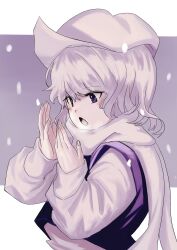 Rule 34 | 1girl, absurdres, grey background, grey hair, hat, highres, letty whiterock, long sleeves, open mouth, puffy sleeves, scarf, short hair, snow, solo, touhou, turtle-kun, upper body, white scarf, yuki onna