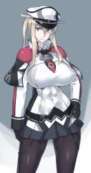 Rule 34 | 10s, 1girl, anchor, black gloves, black pantyhose, blonde hair, breasts, capelet, celtic knot, cross, gloves, graf zeppelin (kancolle), grey eyes, hair between eyes, hand on own hip, hat, impossible clothes, iron cross, jacket, kantai collection, large breasts, looking at viewer, military, military hat, military uniform, miniskirt, mizuumi (bb), necktie, pantyhose, peaked cap, sidelocks, skirt, solo, tsurime, twintails, uniform