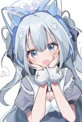 Rule 34 | 1girl, absurdres, animal ear headphones, blue eyes, blue hair, blush, breasts, cat ear headphones, character request, cleavage, commentary request, copyright request, fake animal ears, hair between eyes, hair ornament, headphones, highres, long hair, maid, medium breasts, nyou 0, open mouth, portrait, solo, virtual youtuber, white background