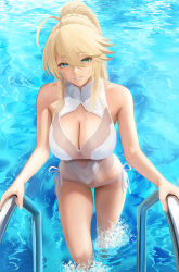 Rule 34 | 1girl, ahoge, artoria pendragon (all), artoria pendragon (fate), artoria pendragon (lancer) (fate), artoria pendragon (swimsuit ruler) (fate), artoria pendragon (swimsuit ruler) (second ascension) (fate), blonde hair, braid, breasts, cleavage, cleavage cutout, clothing cutout, fate/grand order, fate (series), french braid, green hair, hair between eyes, highres, large breasts, looking at viewer, one-piece swimsuit, ponytail, pool, pool ladder, side-tie swimsuit, smile, solo, swimsuit, water, white one-piece swimsuit, yamaneko (tkdrumsco)