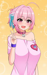 Rule 34 | absurdres, accessories, ahoge, bare shoulders, blouse, blue hair, breasts, choker, collar, collarbone, earrings, fang, hair intakes, heart, heart on chest, highres, idolmaster, idolmaster cinderella girls, jewelry, large breasts, looking at viewer, multicolored hair, open mouth, orange background, oversized clothes, oversized shirt, pill earrings, pink hair, pink shirt, ponytail, shirt, short hair, short sleeves, simple background, solo, the only shoe, v, wristband, yumemi riamu