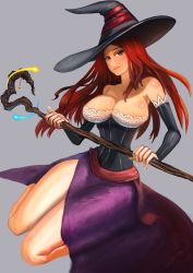 Rule 34 | 1girl, badcompzero, bare shoulders, breasts, brown hair, cleavage, detached sleeves, dragon&#039;s crown, dress, hat, highres, large breasts, long hair, side slit, solo, sorceress (dragon&#039;s crown), staff, strapless, strapless dress, witch hat
