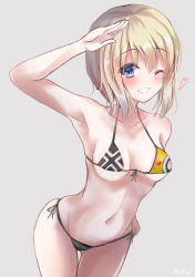 Rule 34 | 1girl, absurdres, bikini, blonde hair, blue eyes, breasts, collarbone, cowboy shot, erica hartmann, flag print, front-tie top, grey background, grin, highres, leaning forward, looking at viewer, martinreaction, print bikini, salute, short hair, side-tie bikini bottom, simple background, small breasts, smile, solo, strike witches, swimsuit, thigh gap, world witches series