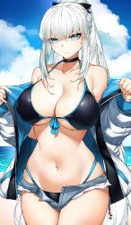Rule 34 | 1girl, absurdres, bikini, black bow, blue eyes, bow, braid, breasts, casul, choker, cleavage, cloud, fate/grand order, fate (series), french braid, front-tie top, grey hair, hair bow, highres, jacket, large breasts, long hair, looking at viewer, morgan le fay (fate), navel, ocean, open fly, ponytail, short shorts, shorts, sidelocks, sky, solo, swimsuit, thighs, very long hair