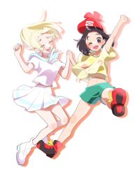 Rule 34 | 2girls, :d, ;d, aria pkmn, bare legs, beanie, blonde hair, blush, braid, creatures (company), floral print, french braid, game freak, green shorts, happy, hat, high ponytail, highres, holding hands, knees, lillie (pokemon), long hair, looking at viewer, miniskirt, multiple girls, nintendo, one eye closed, open mouth, pleated skirt, pokemon, pokemon sm, red headwear, selene (pokemon), shirt, shoe soles, shoes, short shorts, short sleeves, shorts, skirt, smile, sneakers, socks, t-shirt, teeth, tied shirt, tongue, upper teeth only, white footwear, white shirt, white skirt