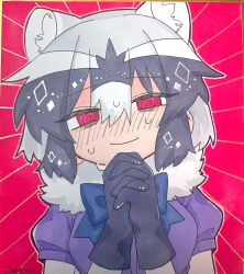 Rule 34 | 1girl, @ @, absurdres, animal ear fluff, animal ears, bad id, bad twitter id, black gloves, black hair, blue bow, blush, bow, closed mouth, commentary request, common raccoon (kemono friends), extra ears, fur collar, gloves, grey hair, hair between eyes, hands up, highres, inactive account, interlocked fingers, jmeysan, kemono friends, looking at viewer, multicolored hair, nervous sweating, own hands together, pink background, pink eyes, puffy short sleeves, puffy sleeves, raccoon ears, shikishi, short hair, short sleeves, smile, solo, sweat, traditional media, upper body, white hair