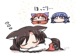 3girls :3 animal_ear_fluff animal_ears blue_hair blush blush_stickers bow brown_hair closed_eyes commentary_request dress drill_hair drill_sidelocks fins frilled_dress frilled_sleeves frills full_body hair_bow head_fins imaizumi_kagerou long_sleeves lying multiple_girls no_mouth on_stomach open_mouth purple_bow red_dress red_hair rokugou_daisuke sekibanki short_hair sidelocks signature simple_background sleeping squeans tail touhou translation_request two-tone_dress wakasagihime white_background white_dress wolf_ears wolf_girl wolf_tail