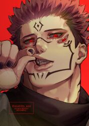 Rule 34 | 1boy, absurdres, asahito asa, black nails, extra eyes, facial tattoo, forehead tattoo, highres, jujutsu kaisen, male focus, neck tattoo, pinching, pink hair, portrait, red background, red eyes, ryoumen sukuna (jujutsu kaisen), short hair, simple background, solo, tattoo, teeth
