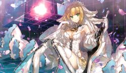 Rule 34 | &gt;:), 10s, 1girl, ahoge, armpits, bad id, bad twitter id, bare shoulders, blonde hair, blush, bodysuit, boots, breasts, bridal veil, buckle, chain, chair, chocoan, cleavage, closed mouth, commentary, cube, detached collar, detached sleeves, dress, fate/extra, fate/extra ccc, fate/grand order, fate (series), flower, from side, full-length zipper, gloves, glowing, green eyes, hair intakes, hands up, head tilt, head wreath, highleg, highleg leotard, holding, holding sword, holding weapon, knees together feet apart, knees up, leotard, light smile, lock, looking at viewer, medium breasts, nero claudius (bride) (fate), nero claudius (bride) (second ascension) (fate), nero claudius (fate), nero claudius (fate) (all), padlock, petals, planted, puffy detached sleeves, puffy sleeves, short hair with long locks, showgirl skirt, sidelocks, sitting, sky, smile, solo, space, star (sky), starry sky, strapless, strapless leotard, sword, thigh boots, thighhighs, tile floor, tile wall, tiles, turtleneck, unzipped, v-shaped eyebrows, veil, weapon, wedding dress, white footwear, white gloves, white leotard, white thighhighs, wide sleeves, zipper, zipper pull tab