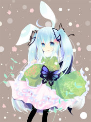 Rule 34 | 1girl, ahoge, animal ears, black pantyhose, blue eyes, blue hair, blush stickers, bug, butterfly, female focus, flower, hair flower, hair ornament, hair ribbon, insect, kurata yumi, long hair, matching hair/eyes, open mouth, original, pantyhose, rabbit ears, ribbon, sidelocks, simple background, smile, solo, twintails, very long hair, wide sleeves