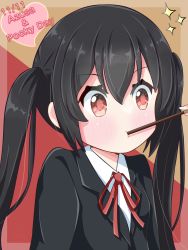 Rule 34 | 1girl, 1other, absurdres, beenyan 1203, black hair, black jacket, blazer, brown eyes, character name, collared shirt, commentary request, dated, food in mouth, hair between eyes, highres, jacket, k-on!, long hair, mouth hold, nakano azusa, neck ribbon, pocky day, red ribbon, ribbon, sakuragaoka high school uniform, school uniform, shirt, sidelocks, solo focus, twintails, upper body, white shirt