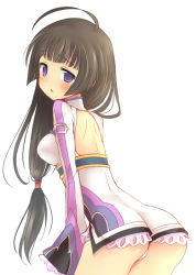 Rule 34 | 1girl, ahoge, ass, back cutout, bad id, bad pixiv id, black hair, blush, clothing cutout, hair over shoulder, kohaku hearts, long hair, looking back, low-tied long hair, purple eyes, sleeves past wrists, solo, tales of (series), tales of hearts, teu (navy), white background