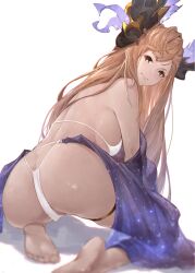 Rule 34 | 1girl, absurdres, ass, barefoot, bikini, blurry, blurry foreground, brown hair, butt crack, depth of field, feet, granblue fantasy, hair ornament, head wings, highres, long hair, looking at viewer, looking back, official alternate costume, sarong, soles, solo, swimsuit, thigh strap, tweyen (eternal&#039;s summer vacation) (granblue fantasy), tweyen (granblue fantasy), white background, white bikini, wings, yu pian