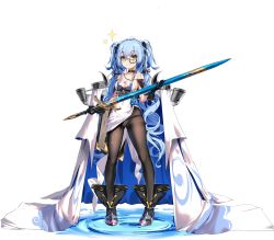Rule 34 | 1girl, :3, ark order, belt, black footwear, black pantyhose, blue hair, boots, breasts, bubble, cape, choker, dress, fang, finn eces (ark order), fish hair ornament, fish tattoo, gold trim, green eyes, hair ornament, holding, holding sheath, holding sword, holding weapon, jellyfish, long hair, low twintails, monocle, official art, panties, panties under pantyhose, pantyhose, sheath, sheathed, solo, sparkle, starfish, sword, tachi-e, tattoo, transparent background, twintails, two side up, underwear, very long hair, wavy hair, weapon, white cape, white dress, white panties, you ni ge shaobing