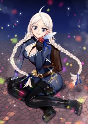 Rule 34 | 1girl, absurdres, ahoge, bag, black footwear, blue bodysuit, blue eyes, blue ribbon, bodysuit, boots, braid, breasts, commission, commissioner upload, confetti, fire emblem, fire emblem fates, fire emblem heroes, flower, full body, hair ribbon, harness, highres, holding, holding quill, key, keyring, latex, latex bodysuit, leather belt, long hair, looking at viewer, low twintails, medium breasts, night, nina (fire emblem), nintendo, non-web source, o-ring, official alternate costume, on floor, parted bangs, quill, red flower, red rose, ribbon, rose, satchel, skeb commission, skin tight, smile, solo, thigh boots, tona1071103, turtleneck, twin braids, twintails, two-tone bodysuit, white hair