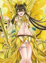Rule 34 | 1girl, :d, absurdly long hair, armlet, bandeau, bare shoulders, black hair, bracer, breasts, commentary request, cowboy shot, crop top, detached sleeves, duel monster, feathers, groin, hair between eyes, hand up, headgear, highres, holding, korean commentary, long hair, looking at viewer, medium breasts, midriff, mixed-language commentary, navel, ohime the manifested mikanko, open mouth, partial commentary, sideboob, sidelocks, skirt, smile, solo, sparkle, teeth, thighlet, tree, twitter username, two side up, upper teeth only, very long hair, vest, wing hair ornament, wislley, yellow bandeau, yellow eyes, yellow skirt, yellow sleeves, yellow vest, yu-gi-oh!