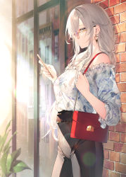 Rule 34 | 1girl, bag, black pants, breasts, brick wall, commentary request, copyright request, day, earrings, floral print, high-waist pants, highres, holding, holding phone, holding strap, jewelry, long hair, looking at viewer, looking over eyewear, looking over glasses, off-shoulder shirt, off shoulder, original, outdoors, pants, phone, pink-tinted eyewear, pink-tinted glasses, purple-tinted eyewear, purple-tinted glasses, shirt, shoulder bag, sideways glance, silver hair, solo, sunglasses, tinted eyewear, toosaka asagi, very long hair, yellow eyes