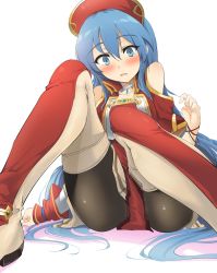Rule 34 | 1girl, ass, black pantyhose, blue eyes, blue hair, blush, commentary request, dress, fire emblem, fire emblem: the binding blade, hat, highres, lilina (fire emblem), long hair, momio, nintendo, open mouth, pantyhose, solo, white background