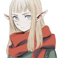 Rule 34 | 1girl, blonde hair, blue eyes, contemporary, dungeon meshi, elf, frs2, highres, looking at viewer, medium hair, pattadol, pointy ears, red scarf, scarf, short bangs, simple background, solo, sweatdrop, white background