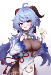 Rule 34 | absurdres, ahoge, bare shoulders, bell, blue hair, blush, bow, bowtie, breasts, chinese knot, curled horns, detached sleeves, flower, flower knot, ganyu (genshin impact), genshin impact, gold trim, highres, holding, holding flower, horns, large breasts, long hair, multicolored eyes, neck bell, no gloves, poinia, qingxin flower, sidelocks, smile, solo, tassel, thighlet, vision (genshin impact), white background, white flower, white sleeves
