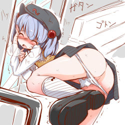 Rule 34 | 1girl, against wall, alternate costume, ass, bent over, blue hair, blush, breath, closed eyes, contemporary, female focus, hair bobbles, hair ornament, hat, kawashiro nitori, leg lift, panties, panty pull, pussy, pussy peek, school uniform, short hair, sketch, socks, solo, touhou, train, train interior, twintails, two side up, uncensored, underwear, white panties, white socks, yofukashi