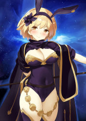 Rule 34 | 1girl, alternate color, animal ears, arm behind back, black thighhighs, blonde hair, blush, breasts, brown eyes, cape, cleavage, commentary request, covered navel, djeeta (granblue fantasy), fake animal ears, flower, granblue fantasy, hair flower, hair ornament, hairband, kaisen chuui, large breasts, leotard, looking at viewer, night, night sky, rabbit ears, sage (granblue fantasy), short hair, simple background, sky, smile, solo, staff, star (symbol), starry background, thighhighs