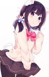 Rule 34 | 1girl, animal ear fluff, animal ears, black pantyhose, blue bow, bow, brown eyes, brown hair, brown skirt, brown sweater, cat day, cat ears, cat girl, cat tail, chikuwa., collared shirt, commentary request, flower, hair bow, hair flower, hair ornament, highres, long hair, long sleeves, low twintails, original, pantyhose, pleated skirt, red bow, shirt, simple background, skirt, sleeves past wrists, solo, striped, striped bow, sweater, tail, twintails, white background, white flower, white shirt