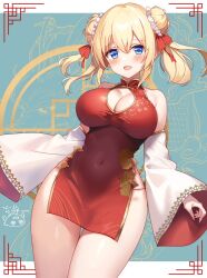 Rule 34 | 1girl, :d, bare shoulders, blonde hair, blue eyes, breasts, china dress, chinese clothes, cleavage, cleavage cutout, clothing cutout, commentary request, covered navel, detached sleeves, double bun, dress, hair between eyes, hair bun, hair ornament, highres, kakerayuri, large breasts, long hair, long sleeves, looking at viewer, open mouth, original, red dress, side slit, sidelocks, sleeveless, sleeveless dress, smile, solo, thick thighs, thighs, white sleeves, wide sleeves