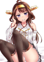 Rule 34 | 10s, 1girl, ahoge, arm behind back, breasts, brown hair, detached sleeves, grin, hand in own hair, headgear, highres, kantai collection, knees up, kongou (kancolle), kongou kai ni (kancolle), long hair, long sleeves, looking at viewer, medium breasts, naughty face, neit ni sei, nontraditional miko, on bed, panties, pantyshot, pleated skirt, purple eyes, sitting, sketch, skirt, smile, solo, thighhighs, thighs, underwear, white background, wide sleeves