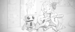 Rule 34 | 1girl, 1other, acoustic guitar, antenna hair, beads, bed, blurry, blurry background, book, box, commentary, english commentary, closed eyes, figure, frilled skirt, frills, greyscale, guitar, hair beads, hair ornament, hair ribbon, highres, instrument, irarugii, long hair, monochrome, music, open mouth, photo (object), pillow, plant, playing instrument, poster (object), potted plant, ribbon, robot, shelf, sitting, skirt, smile, synthesizer v, toy, tsurumaki maki, very long hair, voiceroid