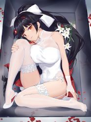 Rule 34 | 1girl, absurdres, azur lane, bad id, bad pixiv id, black hair, bow, box, breasts, covered navel, daffodil, dress, feet, fingerless gloves, flower, garter belt, gloves, hair bow, hair flaps, highres, in box, in container, large breasts, long hair, looking at viewer, nail polish, orange eyes, petals, ponytail, see-through, shoes, single shoe, sitting, solo, sparrow (xici9527), symbol-only commentary, takao (azur lane), takao (the lessons of spring) (azur lane), taut clothes, taut dress, thighhighs, toes, very long hair, white dress, white gloves, white thighhighs