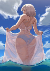 Rule 34 | 1girl, ass, azur lane, backboob, bare arms, bare shoulders, bikini, bikini under clothes, black hairband, blue bikini, blue sky, breasts, commentary request, curvy, day, dress, flower, from behind, hair flower, hair ornament, hairband, large breasts, looking at viewer, looking back, maku ro, outdoors, red eyes, see-through, short hair, silver hair, sirius (azur lane), skirt hold, sky, solo, swimsuit, thighs, wading, water, wet, wet clothes, wet dress, wide hips