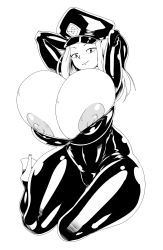 Rule 34 | 1girl, bodysuit, boku no hero academia, boots, breasts, bursting breasts, curvy, gigantic breasts, hat, high heel boots, high heels, highres, large areolae, latex, latex suit, long hair, looking at viewer, monochrome, nipples, pussy, smile, solo, thecon, thick thighs, thighs, uncensored, unzipped, utsushimi kemii, white background, wide hips