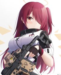 Rule 34 | 1girl, arknights, black gloves, breasts, exusiai (arknights), fingerless gloves, gloves, gun, hair over one eye, halo, highres, jacket, keenh, kriss vector, large breasts, long hair, looking at viewer, one side up, orange eyes, red hair, short sleeves, simple background, solo, submachine gun, trigger discipline, upper body, weapon, white background, white jacket, wings