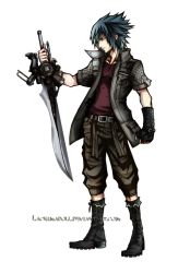 Rule 34 | 10s, 1boy, black footwear, black gloves, blue hair, boots, capri pants, clenched hand, eun se, final fantasy, final fantasy xv, fingerless gloves, full body, gloves, holding, holding sword, holding weapon, jacket, male focus, noctis lucis caelum, pants, sidelocks, solo, sword, transparent background, watermark, weapon, web address