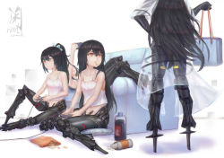 Rule 34 | 4girls, absurdres, artist request, black hair, breasts, chips (food), controller, couch, cushion, drink, food, food in mouth, girls&#039; frontline, hair ornament, handheld game console, highres, isomer (girls&#039; frontline), jacket, long hair, looking at another, mechanical legs, multiple girls, nyto (girls&#039; frontline), isomer hivemind (girls&#039; frontline), nyto isomer (girls frontline), ponytail, red eyes, see-through, see-through jacket, sitting, small breasts, snack, tank top, transparent jacket, wariza