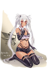 Rule 34 | 1girl, absurdres, alabama (azur lane), azur lane, bandeau, bare shoulders, bikini, bikini under clothes, black bikini, black gloves, black shorts, black thighhighs, breasts, chinese commentary, cleavage, closed mouth, clothes writing, collarbone, commentary, dark skin, dated, elbow gloves, facial mark, fanchin, full body, gloves, hair between eyes, highres, long hair, looking at viewer, medium breasts, midriff, navel, red eyes, shadow, short shorts, shorts, sidelocks, sitting, skindentation, solo, stomach, strapless, swimsuit, thighhighs, tube top, twintails, very long hair, wariza, whisker markings, white background, white hair