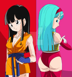 2girls aqua_hair armpits ass back-to-back bare_shoulders black_eyes black_hair blue_eyes blue_gloves blue_hair bodysuit bra_(dragon_ball) breasts cleavage detached_sleeves dougi dragon_ball dragon_ball_gt earrings fingerless_gloves gloves hairband jewelry leggings long_hair msjoelart multiple_girls non-web_source orange_dougi orange_pants pan_(dragon_ball) pants red_bodysuit red_hairband red_leggings saiyan_armor sash thighhighs watermark white_gloves